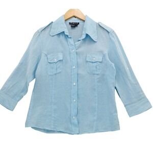 Tracy M. Linen Blend‎ Button Down Shirt Women's Size L 3/4 Sleeve Light Blue